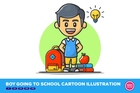 Boy Going to School Cartoon Illustration