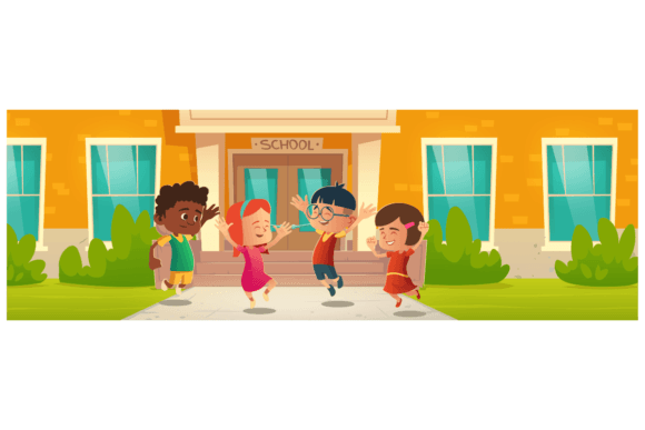 Happy Children in Front of School Building: A Symbol of Joy and Learning