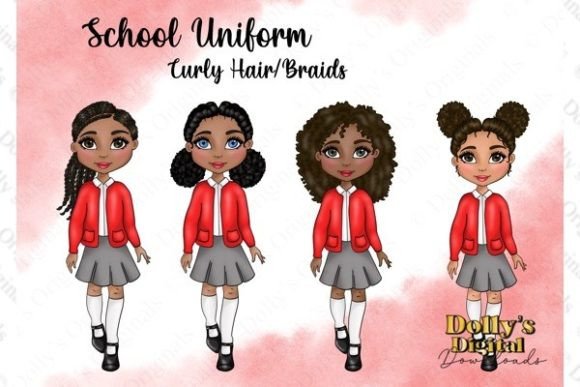 School Girl in Red Uniform Curly Braids