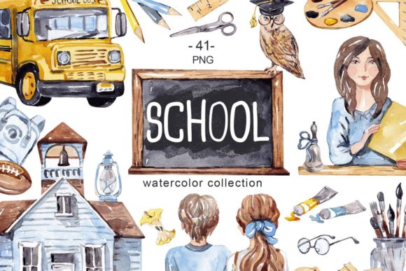Watercolor School Clipart for Creative and Practical Use